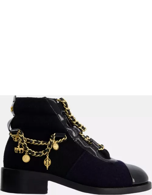 Chanel Navy Black Wool and Patent Ankle Boot with Brushed Gold Charm Chain Detai