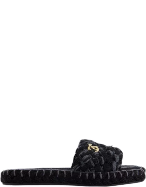 Chanel Black & Grey Woven Sandals Champagne Gold CC Logo and Sole Detai