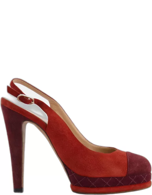 Chanel Burnt Orange and Burgundy Suede Pumps with CC Logo Detai