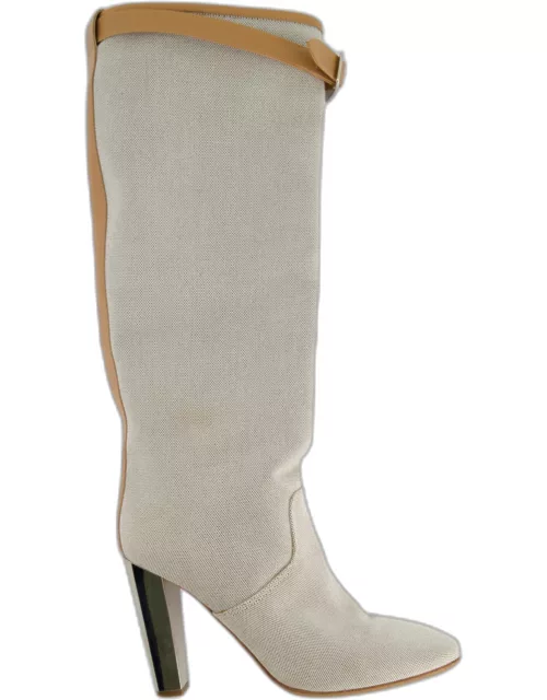 Hermes Stone Canvas Knee High Boots with Tan Buckle Detai