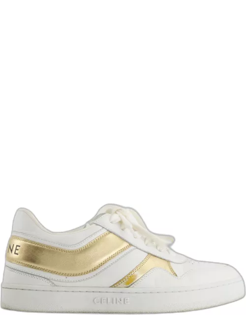 Celine Low Lace-Up White Trainers with Gold Detailing