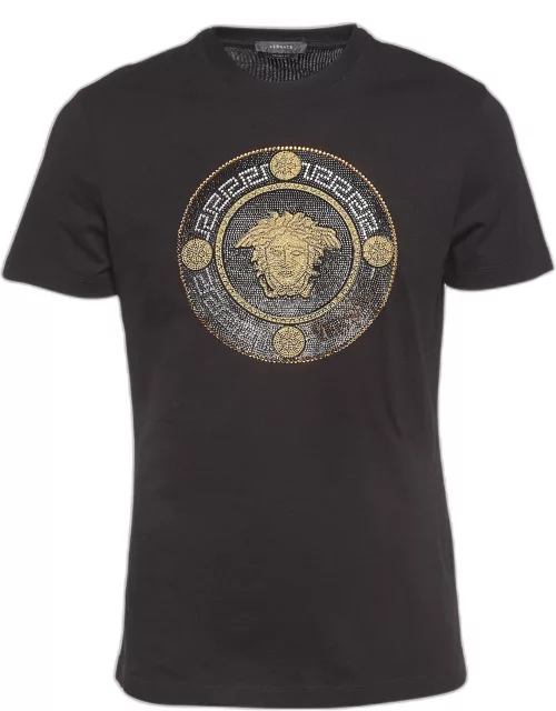 Versace Black Cotton Embellished Medusa Logo T-Shirt