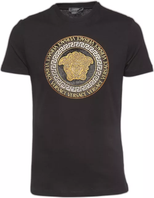 Versace Black Cotton Embellished Medusa Logo T-Shirt