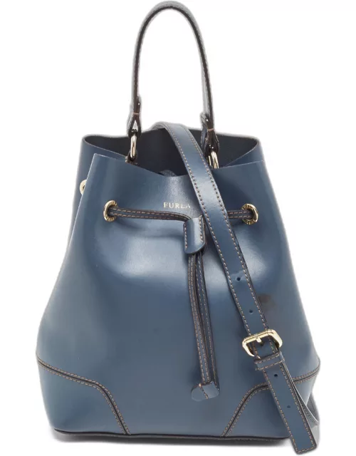 Furla Navy Blue Leather Stacy Drawstring Bucket Bag