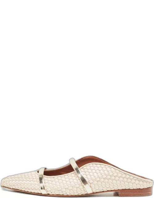 Malone Souliers Cream/Gold Woven Satin and Leather Maureen Flat Mule