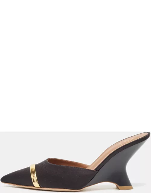 Malone Souliers Black/Gold Satin and Leather Marilyn Wedge Mule