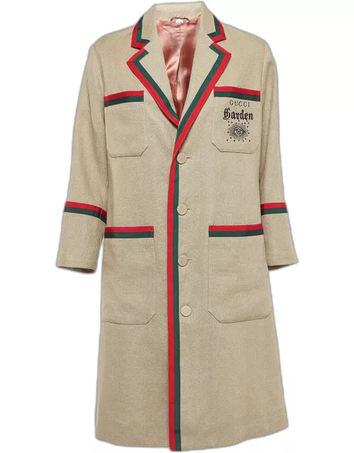 Gucci Brown Garden Embroidered Linen Mid-Length Coat