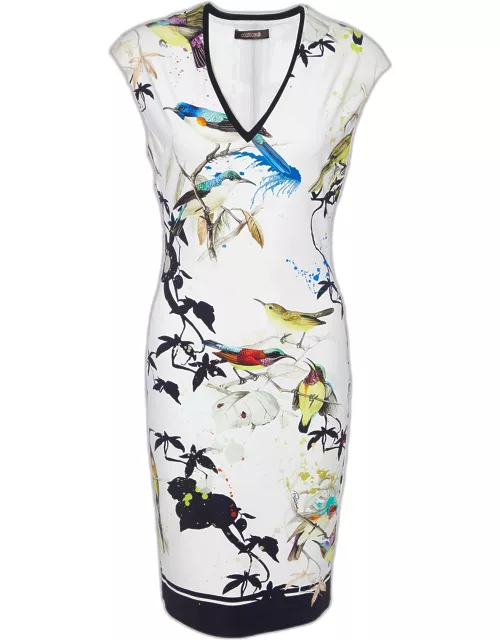 Roberto Cavalli White Floral Bird Print Crepe Sheath Dress