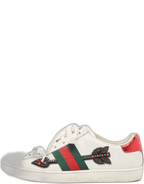 Gucci White Leather Ace Web Arrow Embellished Low Top Sneaker