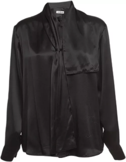 Balenciaga Black Satin Silk Tie-Up Neck Button Front Shirt