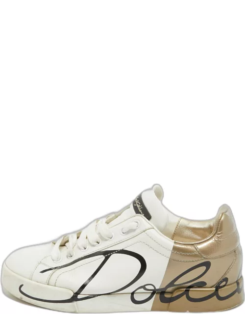 Dolce & Gabbana White/Gold Leather and Patent Logo Print Portofino Sneaker