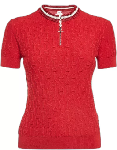 Hermès Red Textured Knit Chaines d' Ancre Zipper Top
