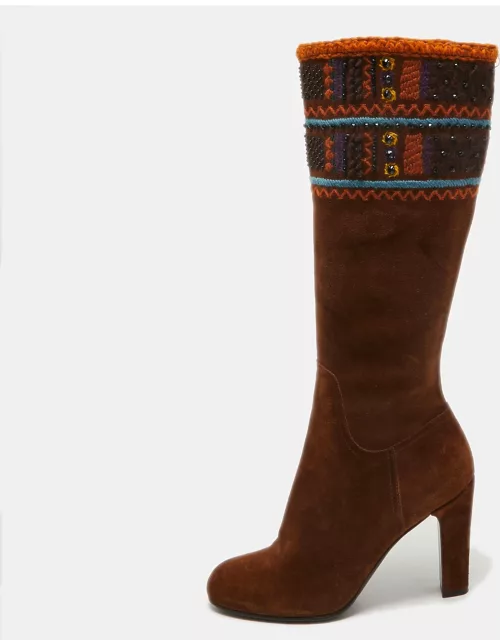 Miu Miu Brown Suede Embellished Knee Length Boot