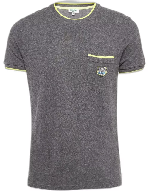 Kenzo Grey/Neon Yellow Cotton Pique Pocket Detail Round Neck T-Shirt