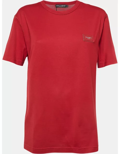 Dolce & Gabbana Red Cotton Logo Patch Round Neck T-Shirt