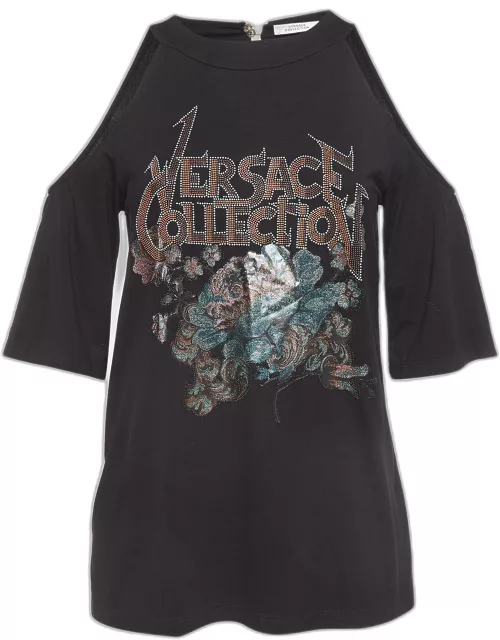 Versace Collection Black Logo Detailed Knit Cold Shoulder Top