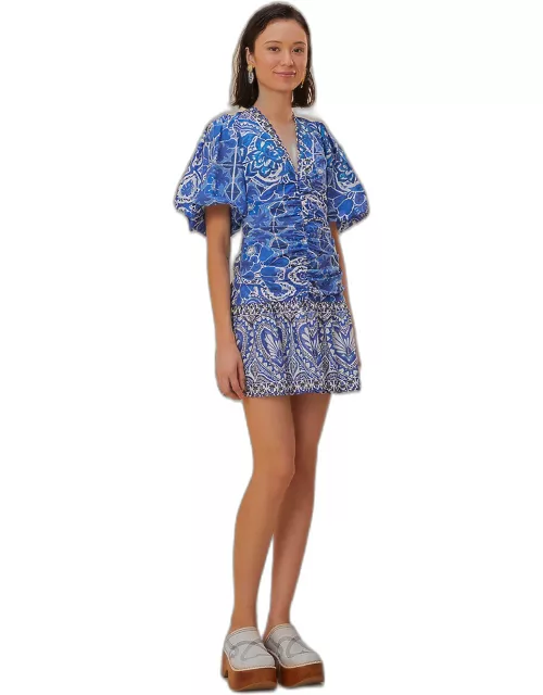 Blue Tile Dream Short Sleeve Mini Dress, TILE DREAM MULTICOLOR /