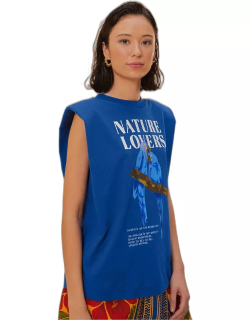 Blue Nature Lovers Shoulder Pad Organic Cotton T-Shirt, BLUE /