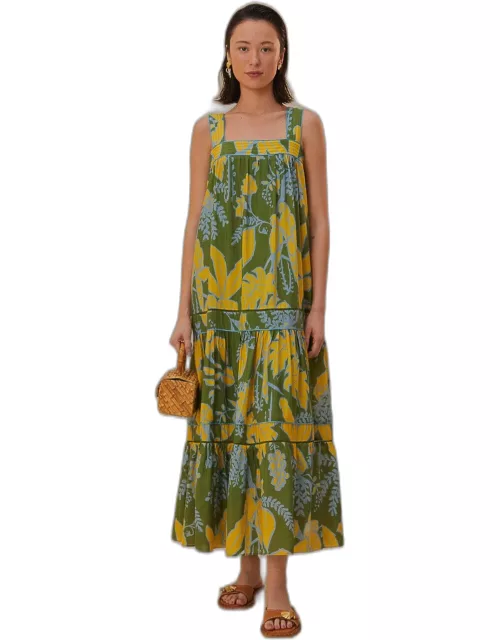 Green Foliage Sketch Sleeveless Maxi Dress, FOLIAGE SKETCH GREEN /