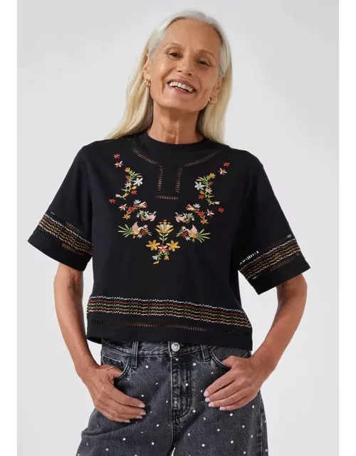 HAYLEY MENZIES Maya Embroidered Cropped T-Shirt - Black