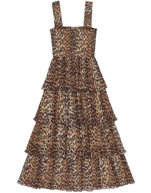 GANNI Flounce Smock Leopard Midi Dress - Almond Milk