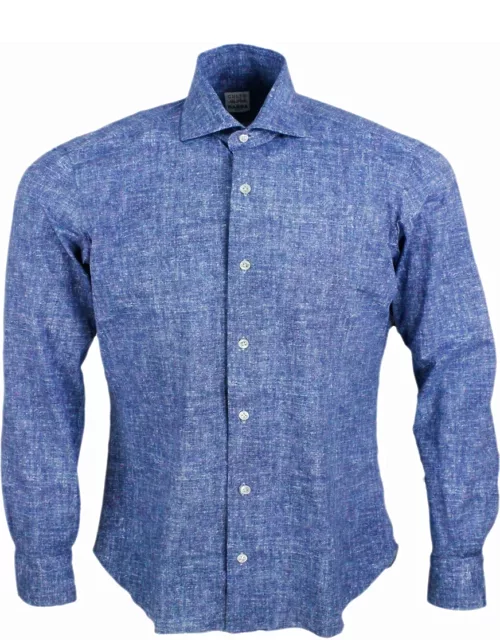 Barba Napoli Cult Shirt In Super Stretch In Denim Melange Color With Mother-of-pearl Buttons And Italian Collar