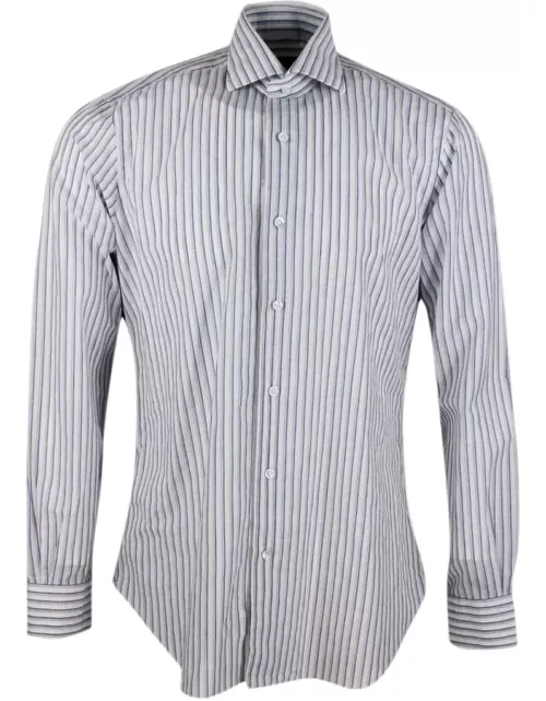 Barba Napoli Long-sleeved Cult Shirt With French Collar With Gray And Blue Stripes On A White Base In Cotton And Linen