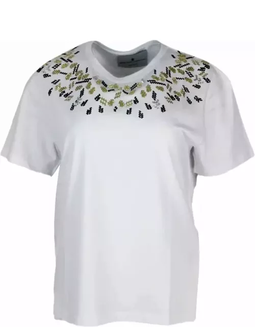 Ermanno Scervino Short-sleeved Round-neck Cotton T-shirt Embellished With Applied Crystal