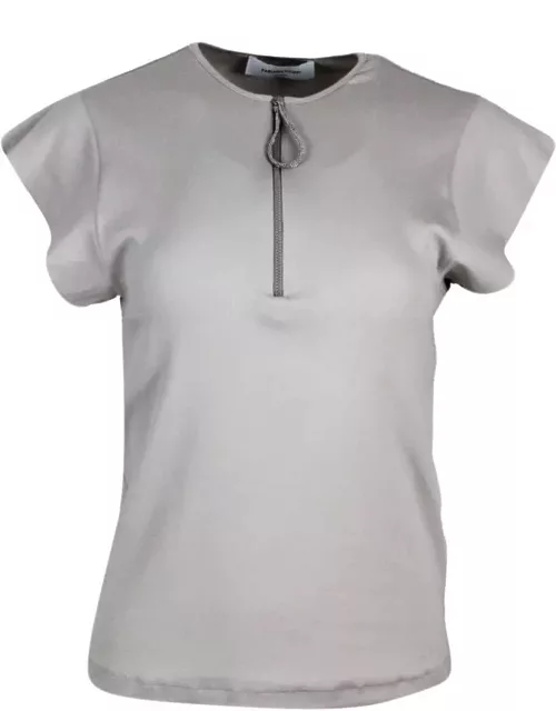 Fabiana Filippi Short-sleeved Round-neck Cotton Jersey T-shirt With Zip And Embellished With Rows Of Brilliant Jewels On The Zip Puller