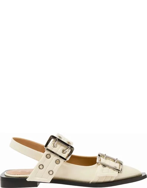 Ganni White Slingback Ballet Flats With Chunky Buckle In Recycled Polyester Blend Woman