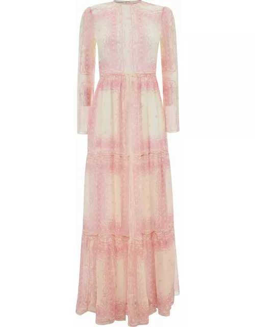Philosophy di Lorenzo Serafini Maxi Pink Flounced Dress With Romantic Print In Silk Woman