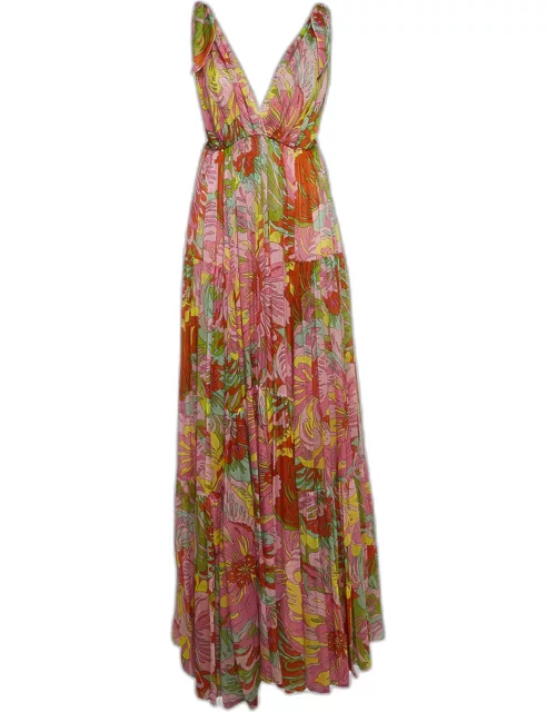 Dolce & Gabbana Pink Floral Print Silk Deep V-Neck Tiered Maxi Dress