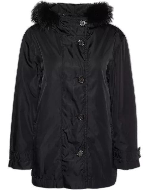Prada Black Nylon Fur Trimmed Hooded Jacket