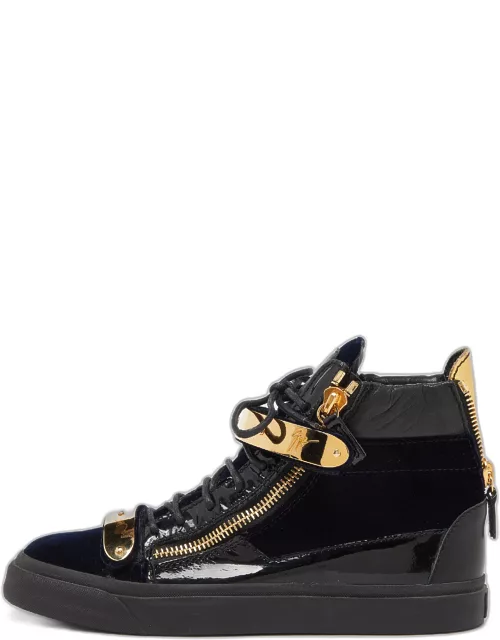 Giuseppe Zanotti Navy Blue/Black Velvet and Leather Coby High Top Sneaker