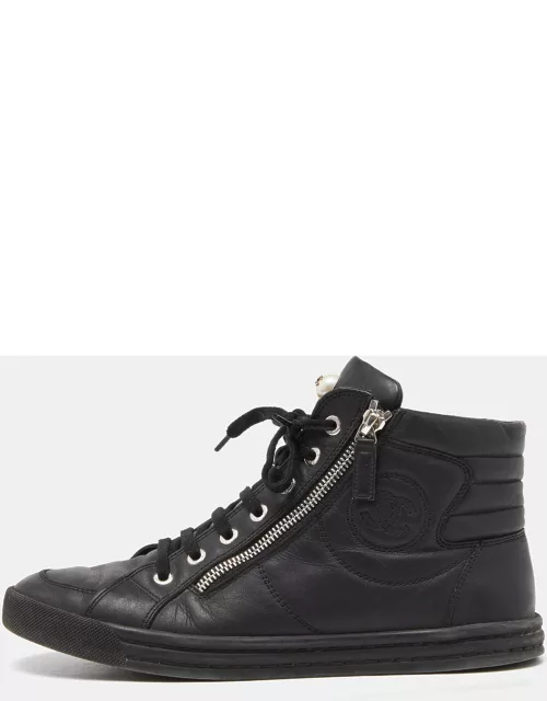 Chanel Black Leather CC Zip Link High Top Sneaker