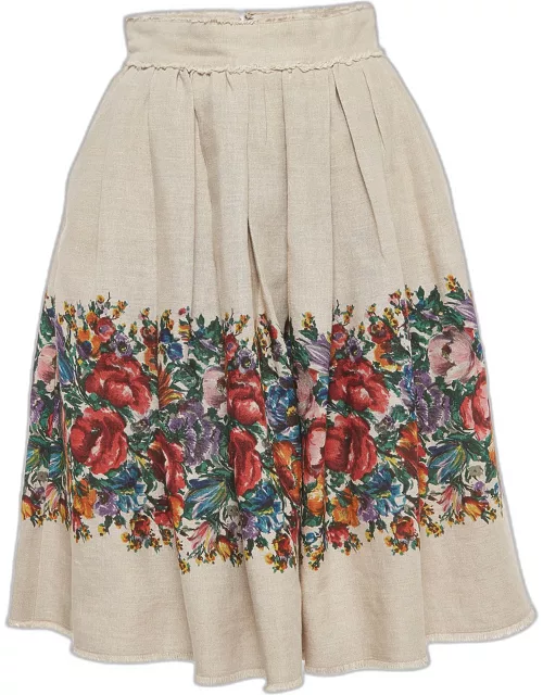Dolce & Gabbana Brown Floral Print Linen Gathered Midi Skirt