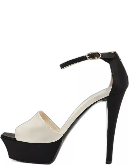 Chanel White/Black Satin Peep Toe Sandal