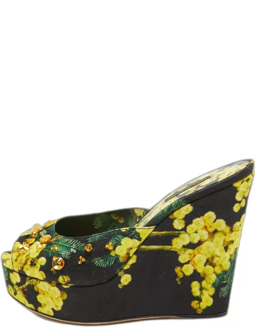 Dolce & Gabbana Tricolor Printed Canvas Crystal Embellished Wedge Slide Sandal