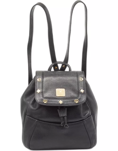MCM Black Leather Studded Flap Backpack