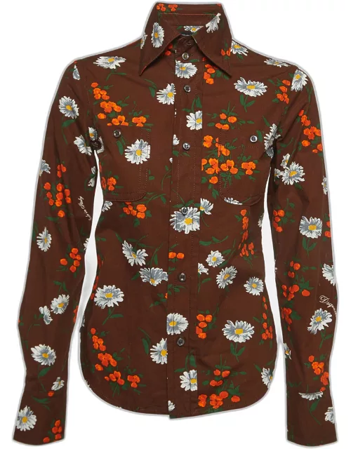 Dsquared2 Brown Flowers Print Cotton Full Sleeve Shirt