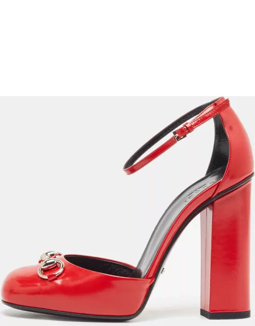 Gucci Red Leather Horsebit Block Heel Ankle Strap Sandal