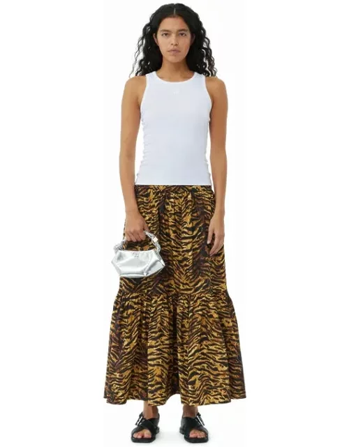 GANNI Animal Printed Cotton Maxi Flounce Skirt in Ochre