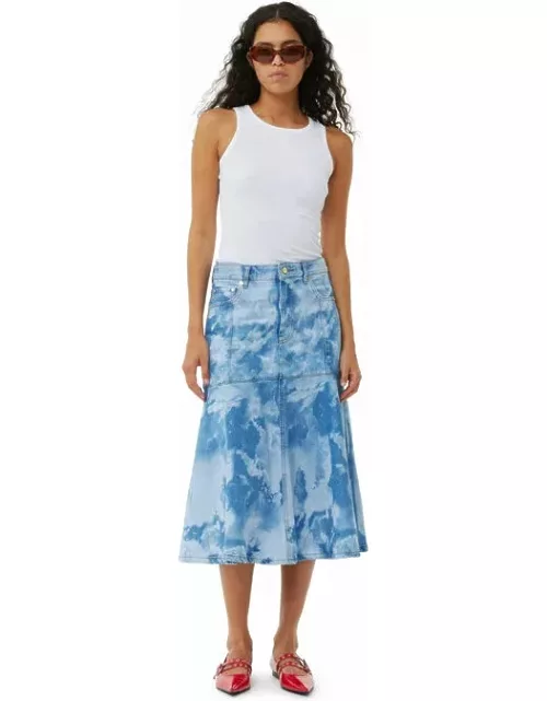GANNI Blue Bleach Denim Flounce Midi Skirt in Light Blue Stone