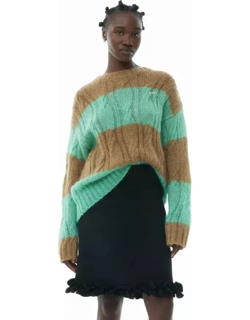GANNI Striped Mohair Cable O-neck Sweater in Beige