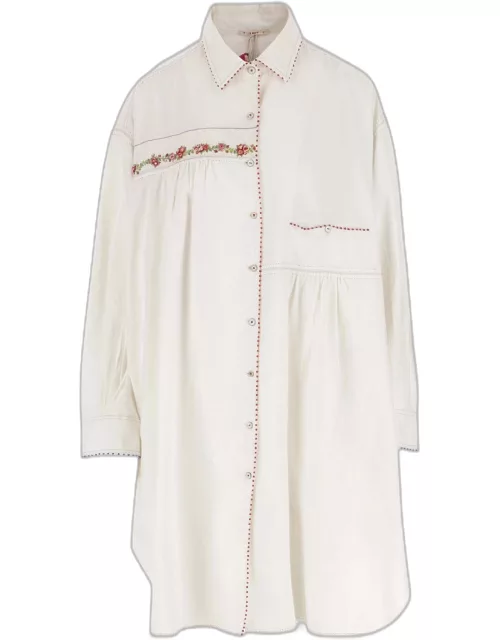 Péro Long Cotton Shirt With Floral Embroidery