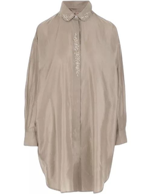 Péro Long Silk Shirt With Floral Embroidery