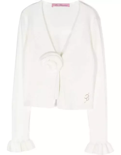 Miss Blumarine White Ribbed Cardigan With 3d Rose