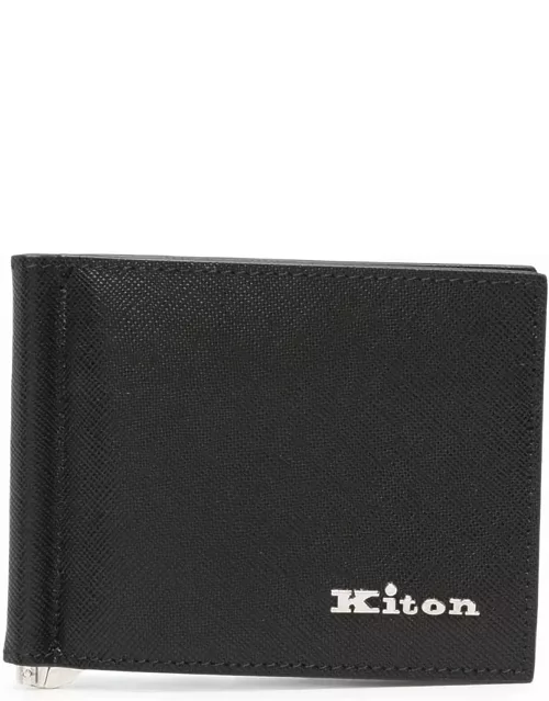 Kiton Black Leather Folding Card Holder With Logo