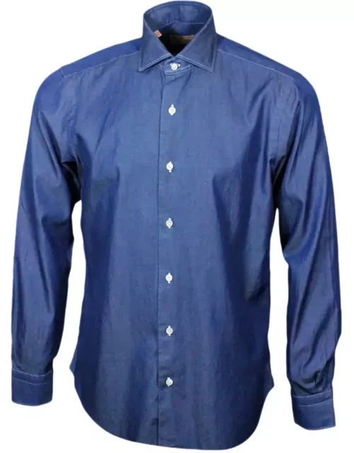 Barba Napoli Dandylife Denim Shirt With Hand-sewn Italian Collar And Mother-of-pearl Button
