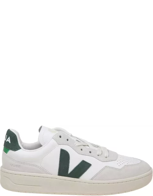 Veja V 90 Sneakers In White And Green Leather And Suede